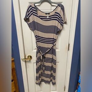 Espresso Navy Blue Gray Stripes T Shirt Dress Short Sleeve Size L W/Belt